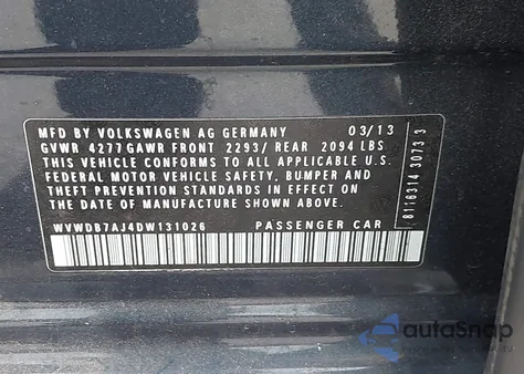 2013 Volkswagen Golf 2.5L 4-Door из США, поврежденный, VIN WVWDB7AJ4DW131026